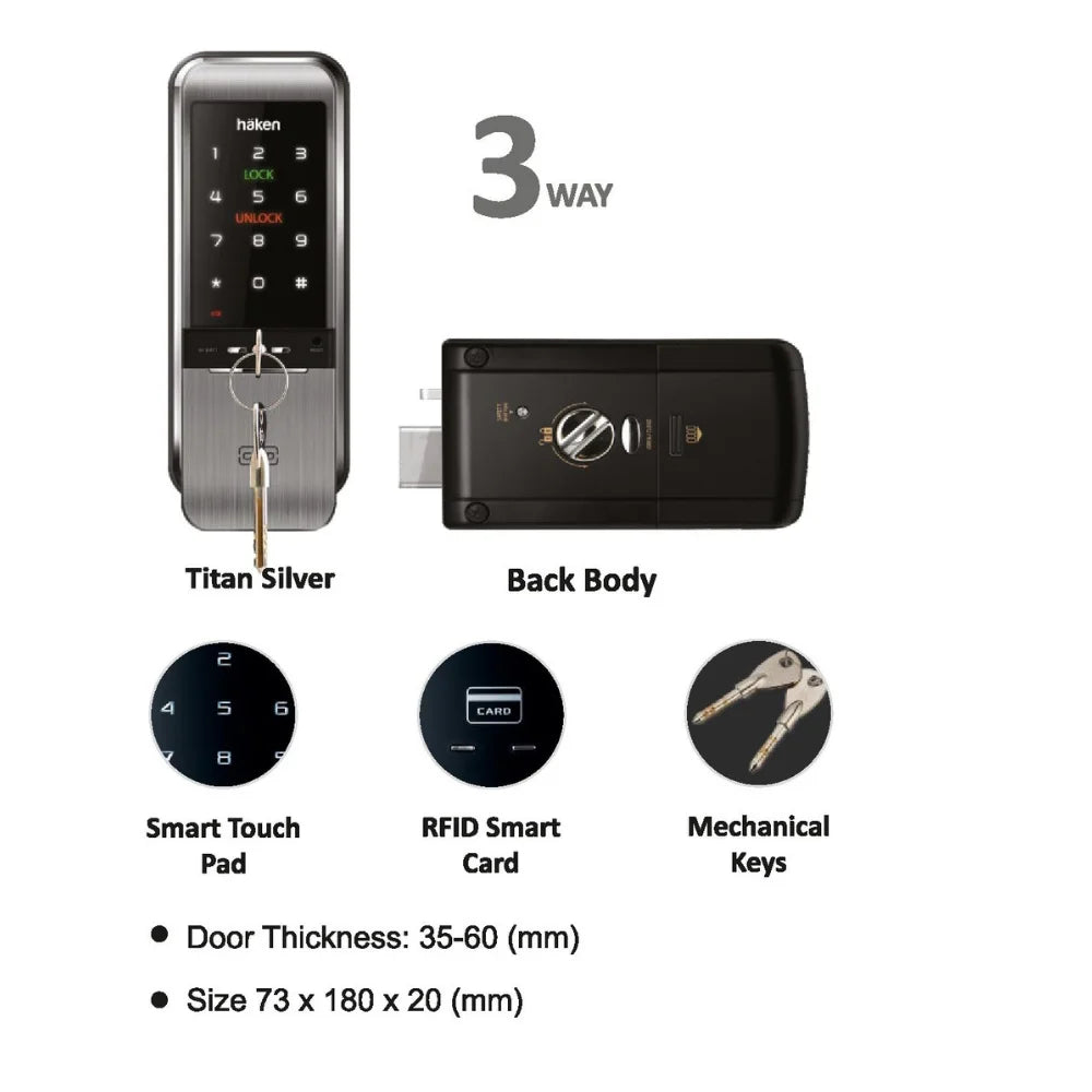 Noken door lock system with digital keypad, back body, smart touch pad, RFID card, and mechanical keys on a white background.